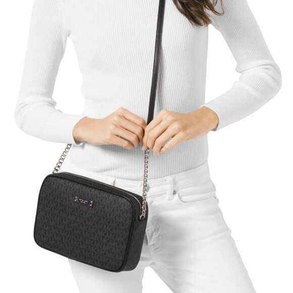 NEW Michael Kors Jet Set East West Crossbody Black Signature Logo Leather Bag L - Picture 3 of 11